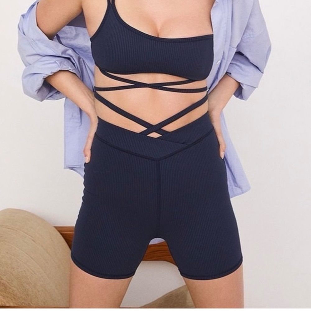 For Love & Lemons Ribbed Active Set – Sports Bra & Biker Shorts – Size S
